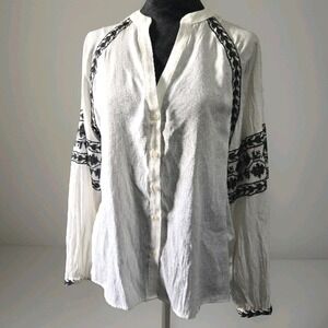 ZARA Women's Off White button up Blouse Peasant Embroidered Boho Chic Sz‎ S